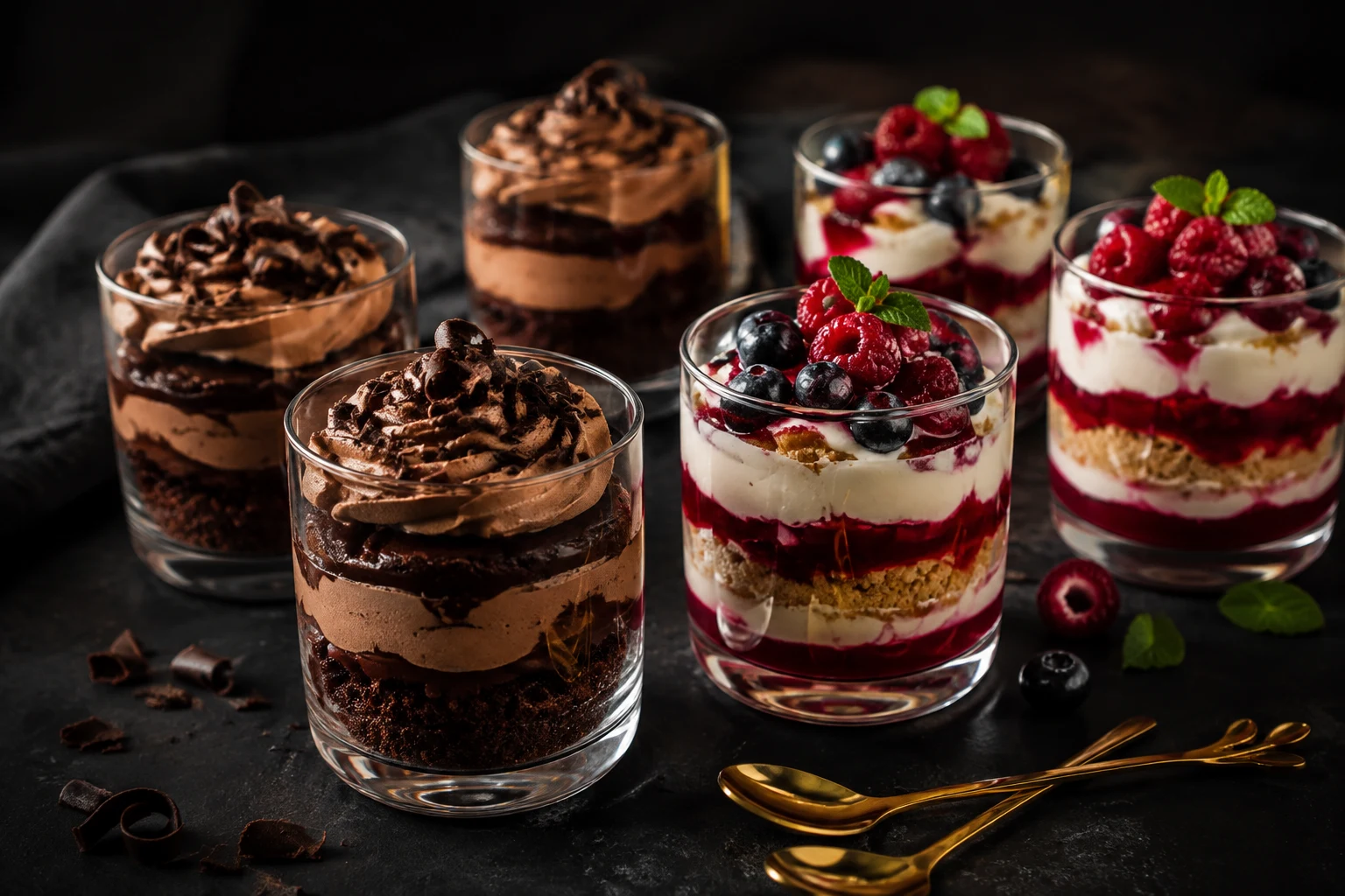 Illustrative individual chocolate and berry dessert cups