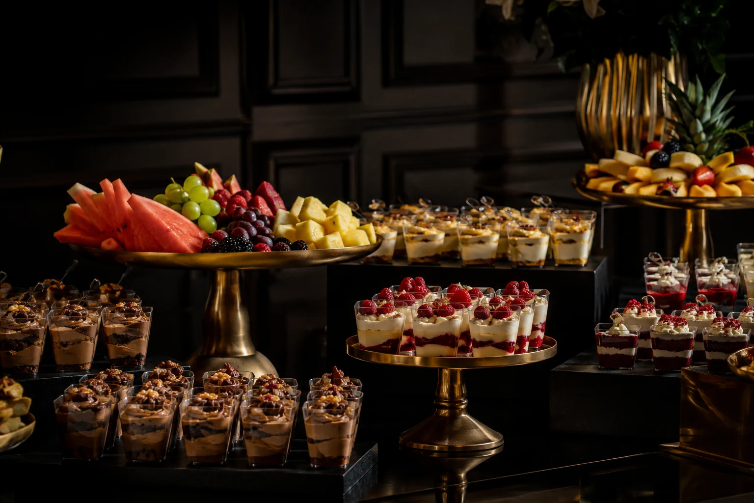 Illustrative event table with elegant dessert cups and fresh fruit on gold stands