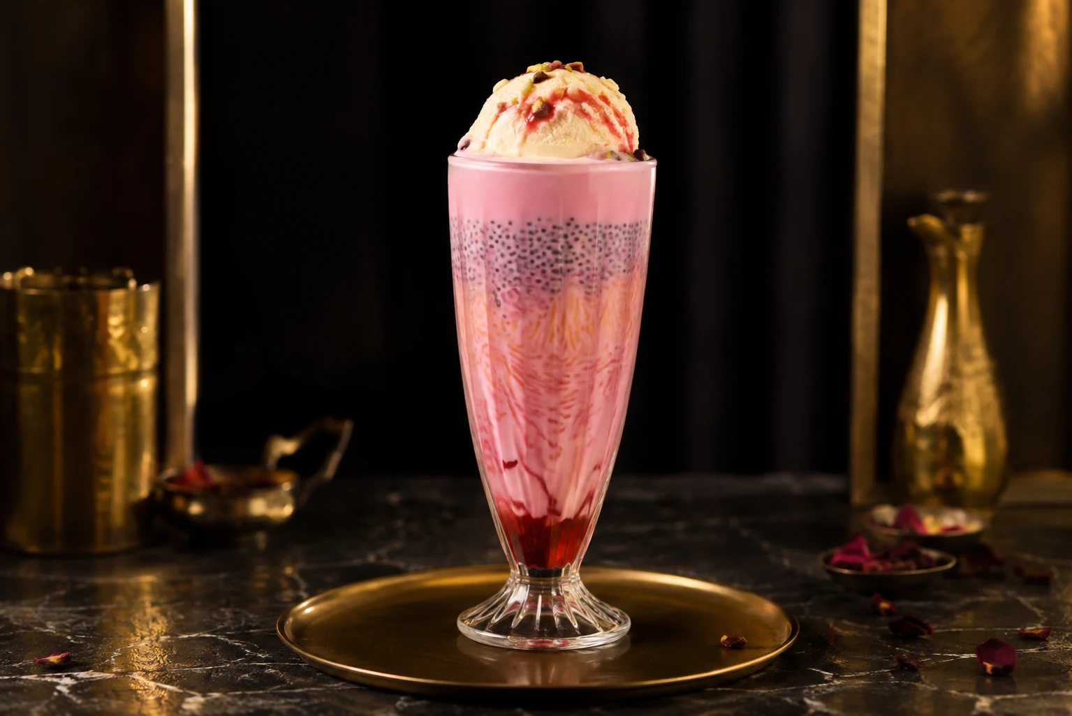 Illustrative pink falooda topped with ice cream