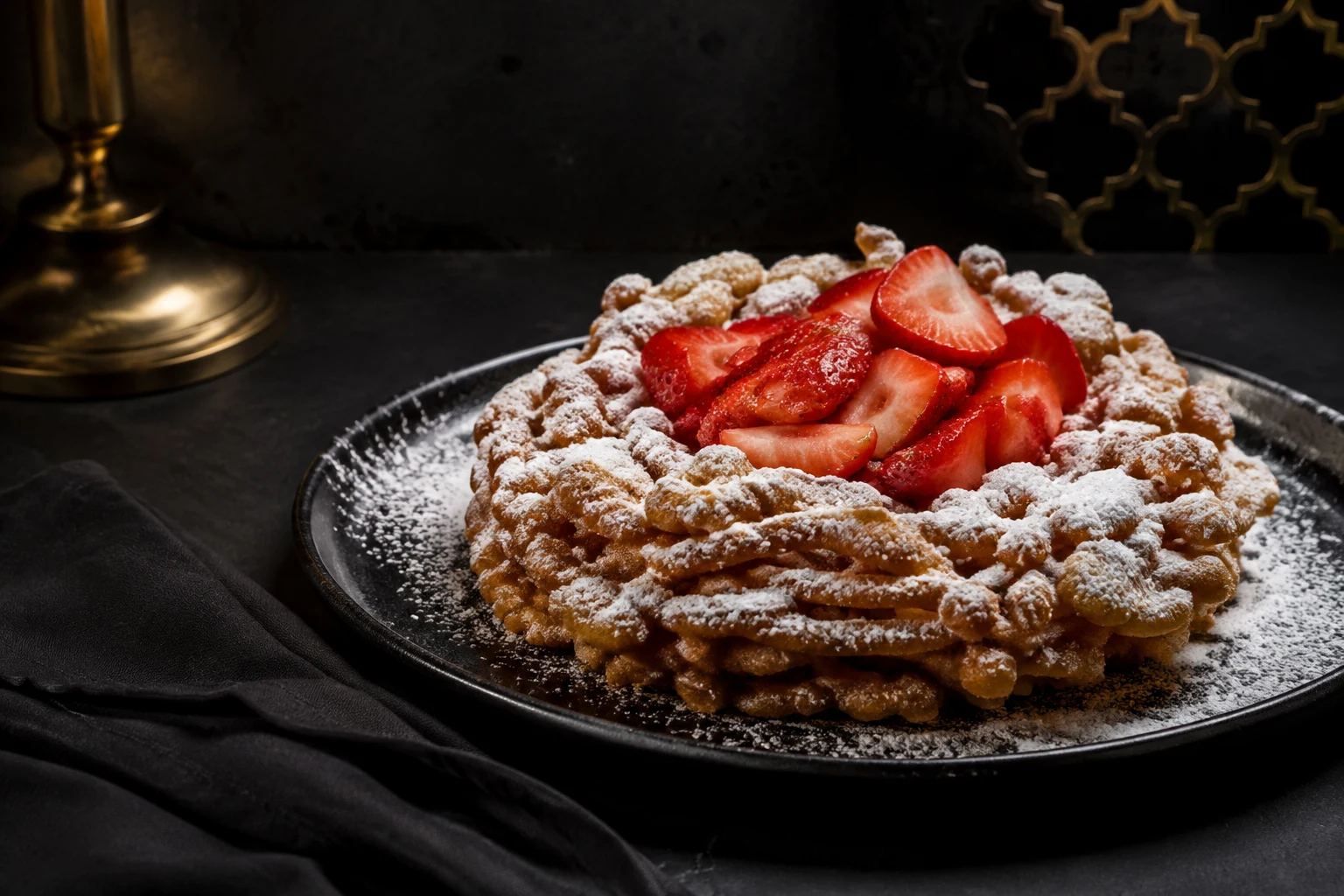 Illustrative funnel cake with strawberries and powdered sugar
