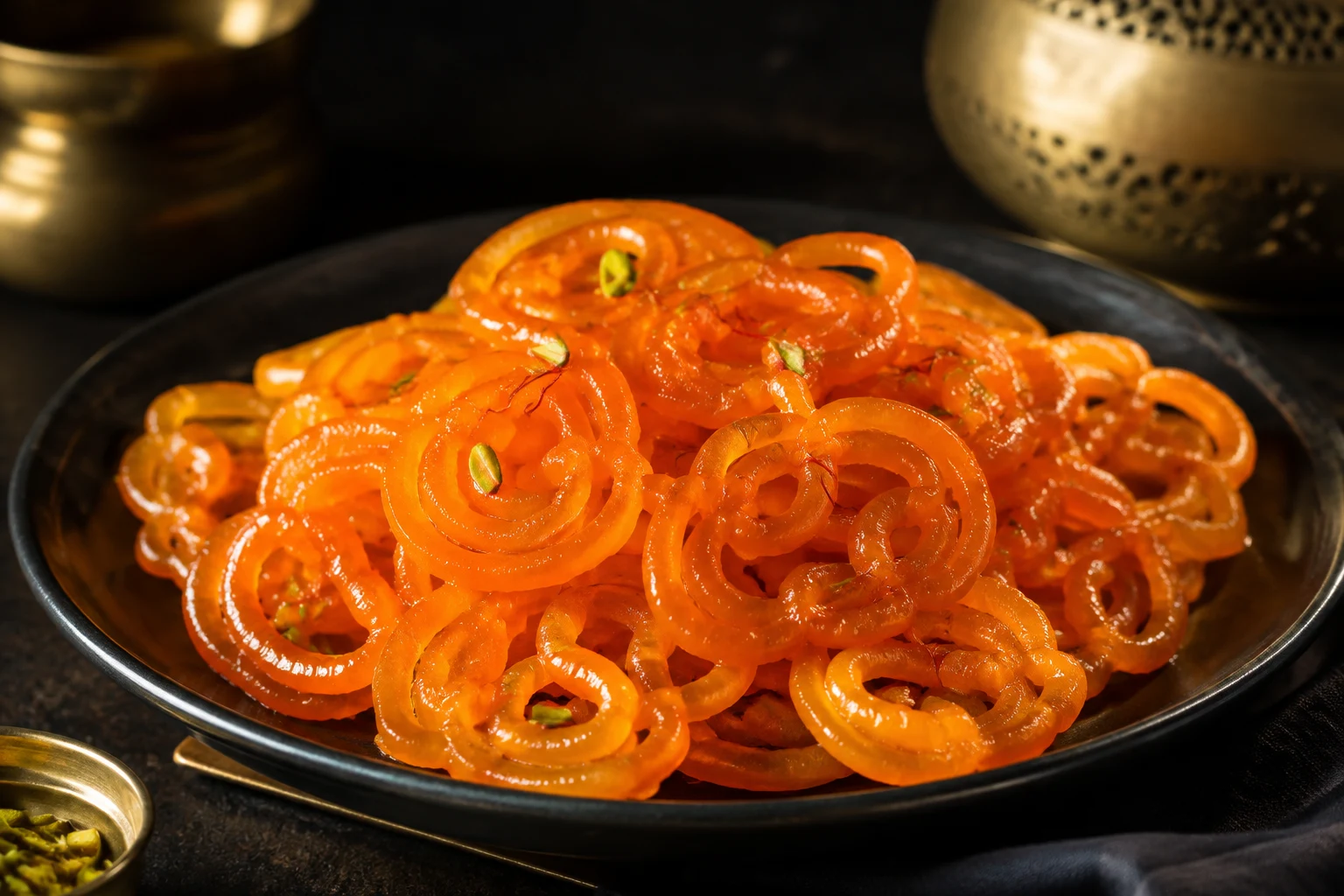 Illustrative plate of golden jalebi spirals