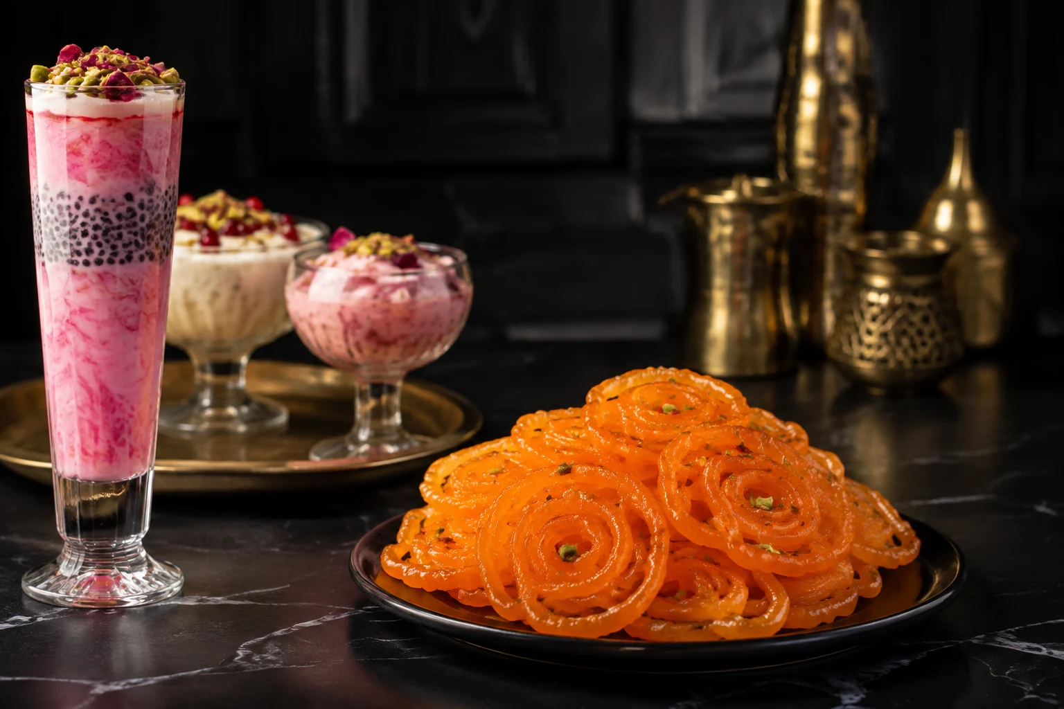 Illustrative dessert arrangement of golden jalebi, pink falooda and layered dessert cups