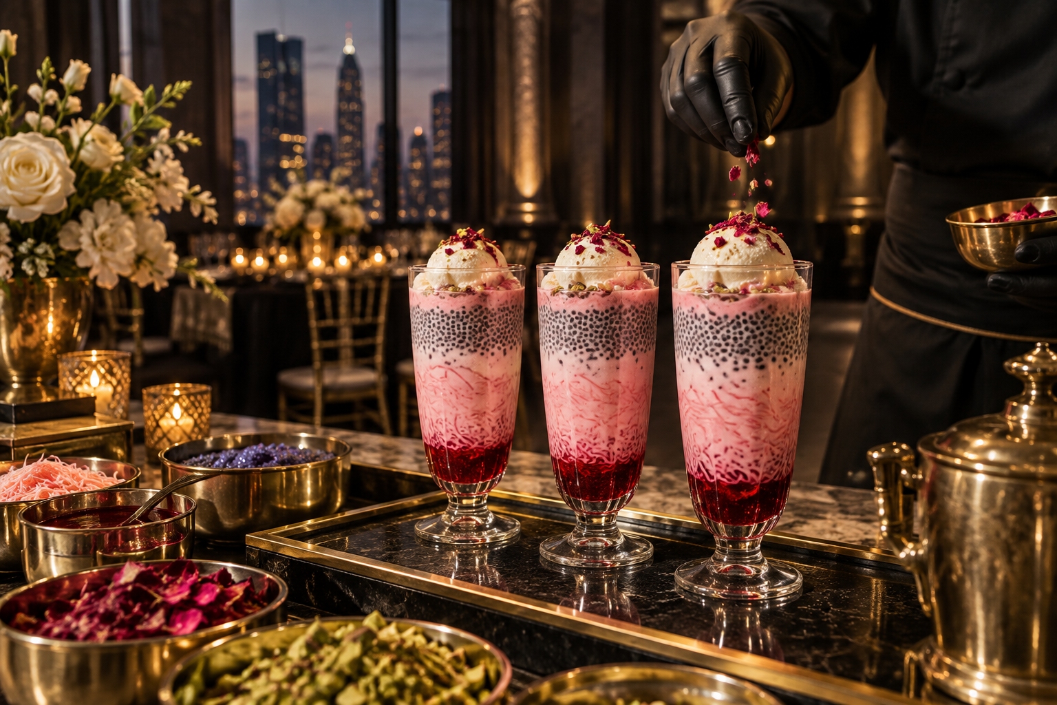 Elegant pink falooda drinks at an AK Desserts live station