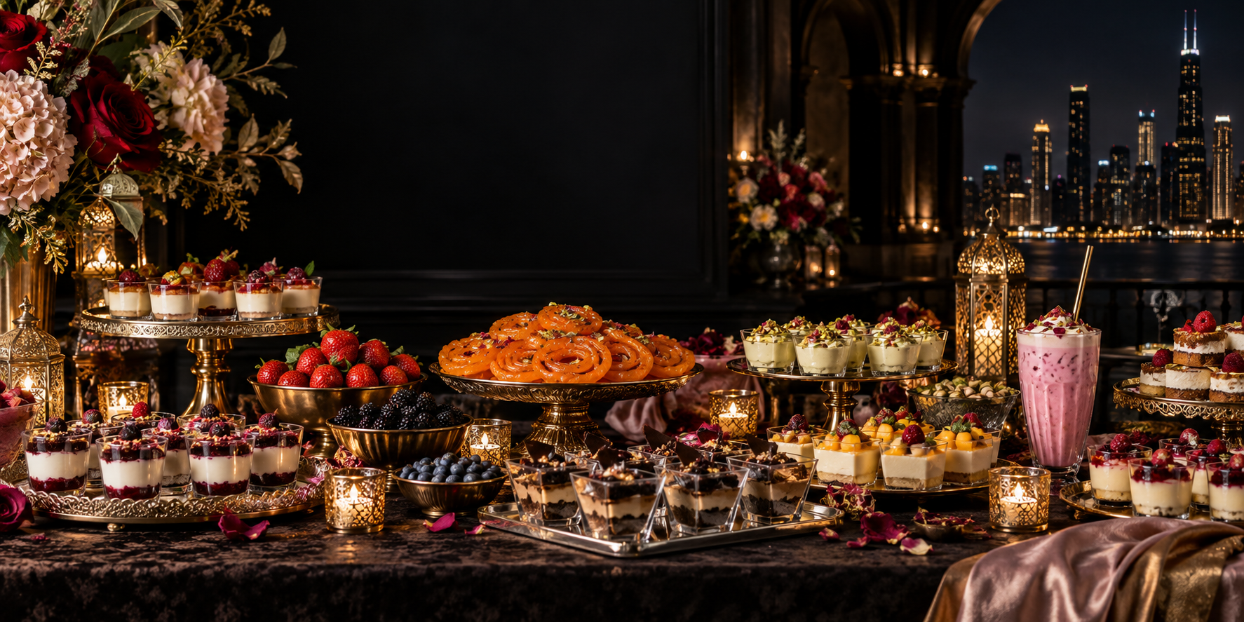 Elegant AK Desserts dessert table with cups, fruit, jalebi and falooda