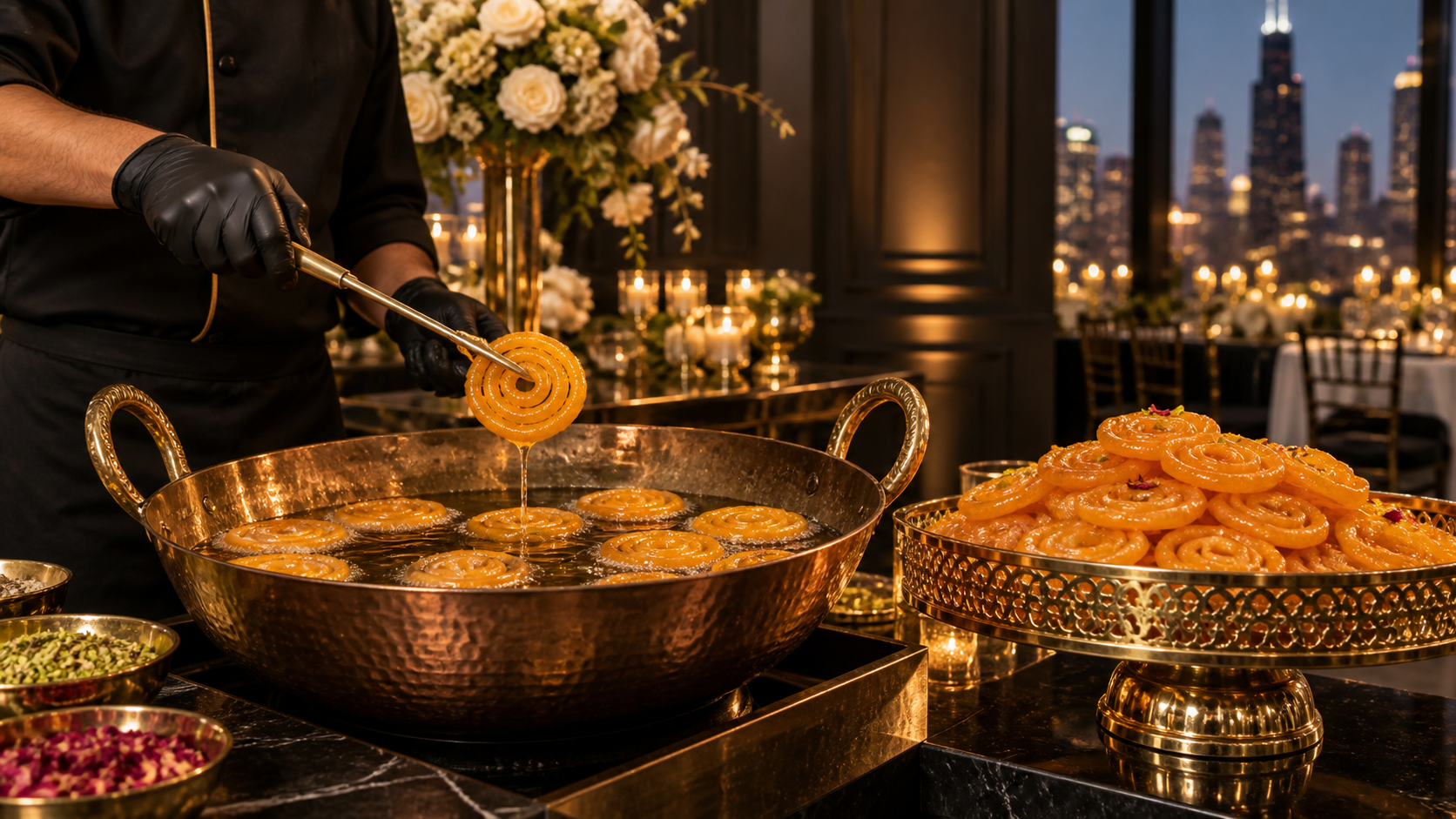 Live jalebi station with fresh golden jalebi at an elegant Chicago event
