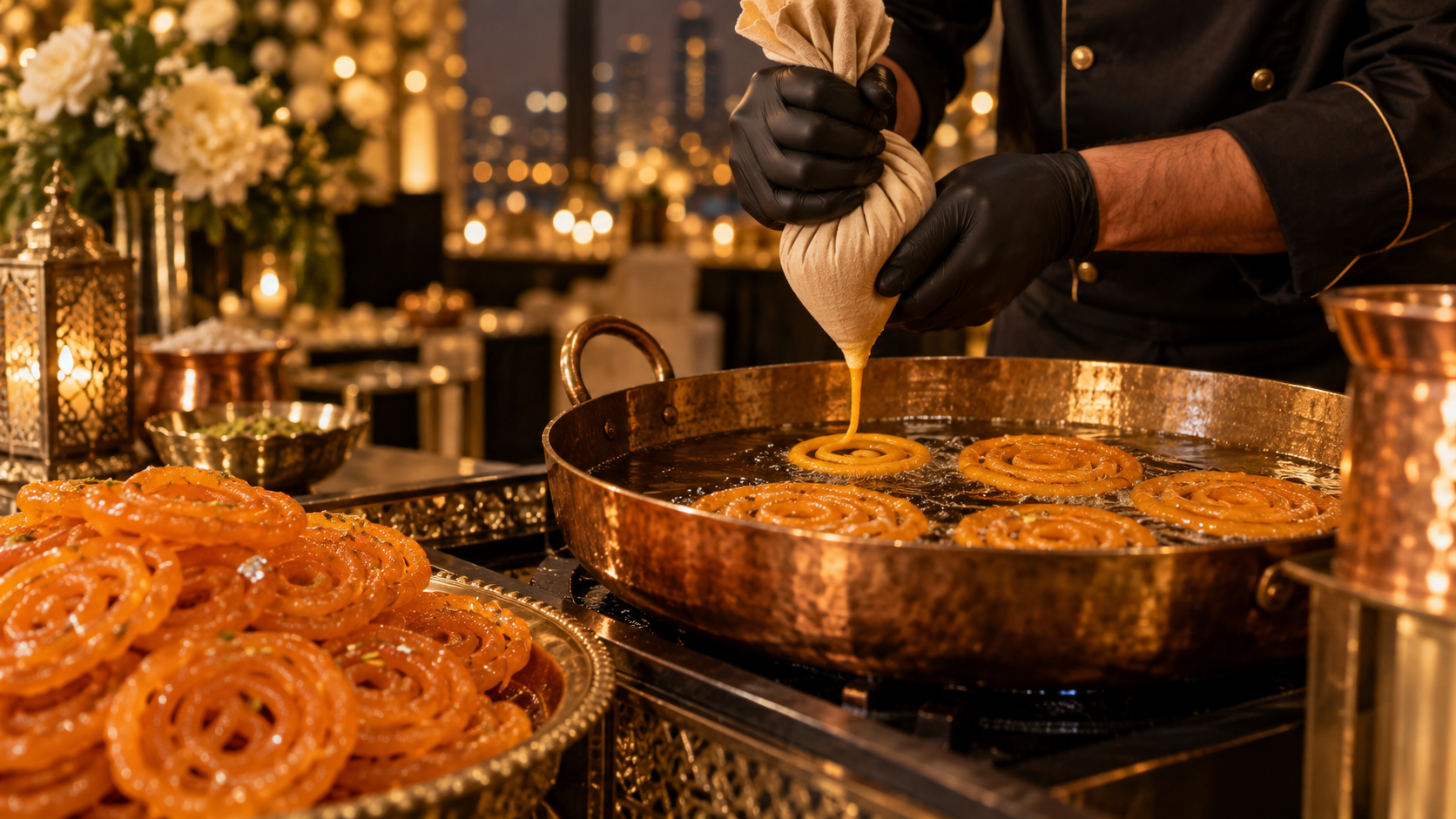 Fresh jalebi being prepared at an AK Desserts live dessert station